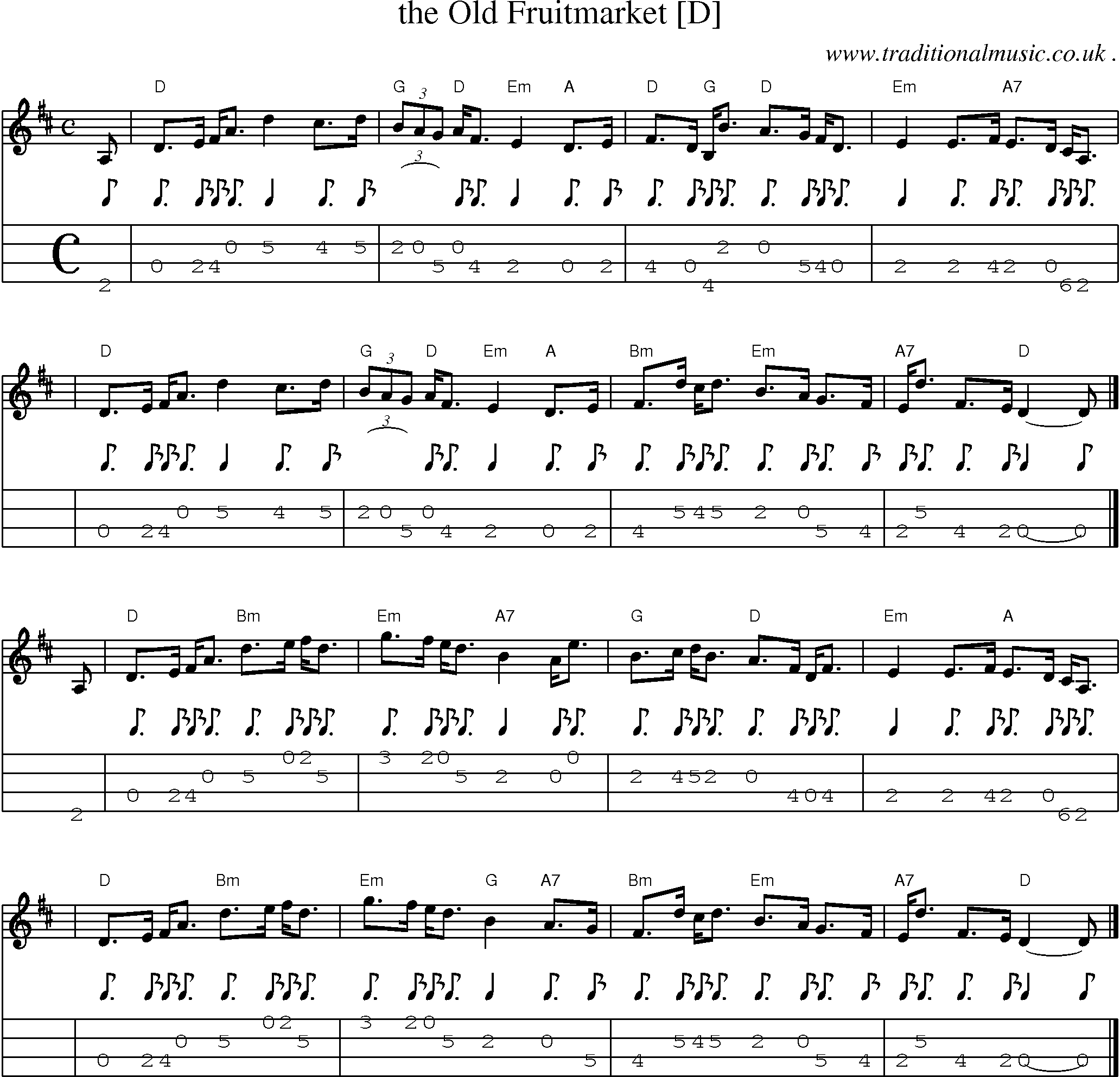 Sheet-music  score, Chords and Mandolin Tabs for The Old Fruitmarket [d]